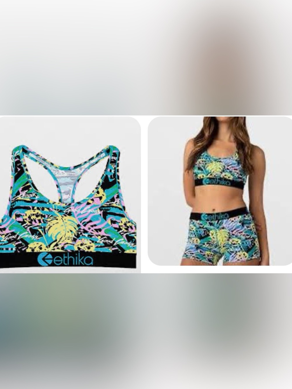 ethika Women's Neon Tropical Racerback Sports Bra - Blue, Pink, Yellow, Black